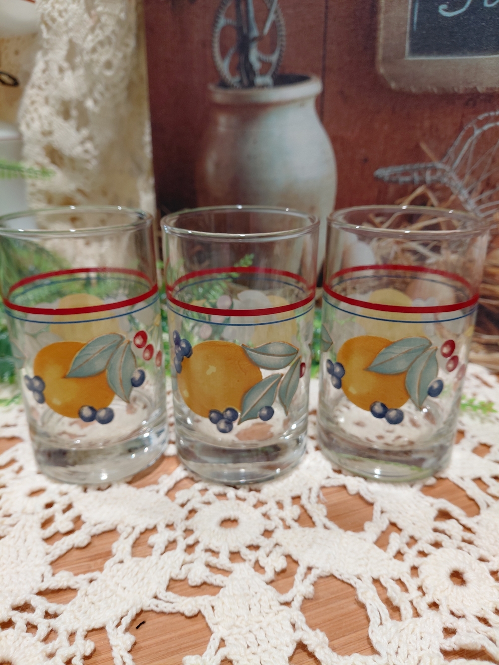 Vintage Corelle  Abundance Pattern Juice Glasses  with Red Band Set Of 3